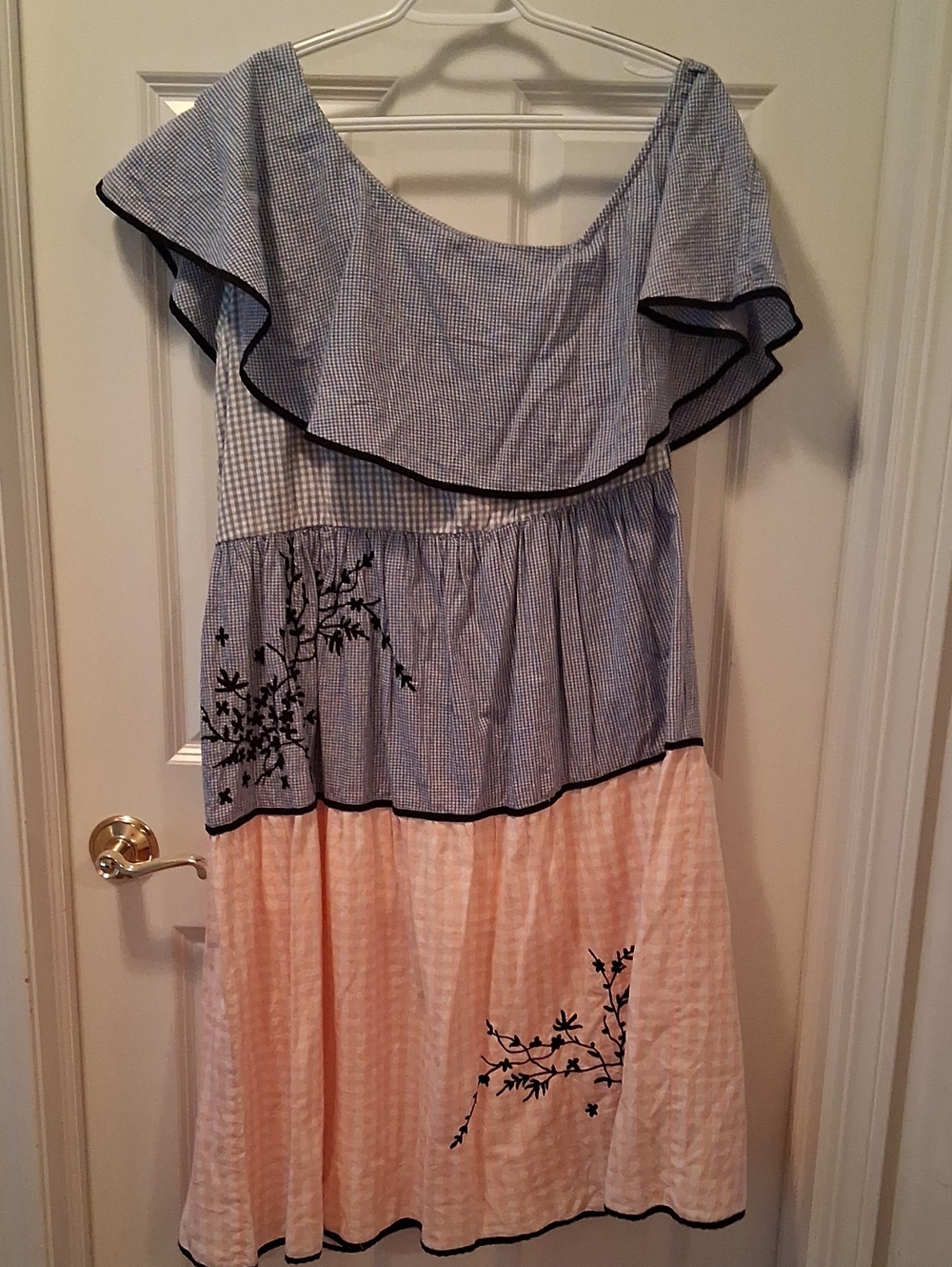 HEMANT & NANDITA Blue and Pink Ruffle Tiered Dress Floral Embroidery Size L